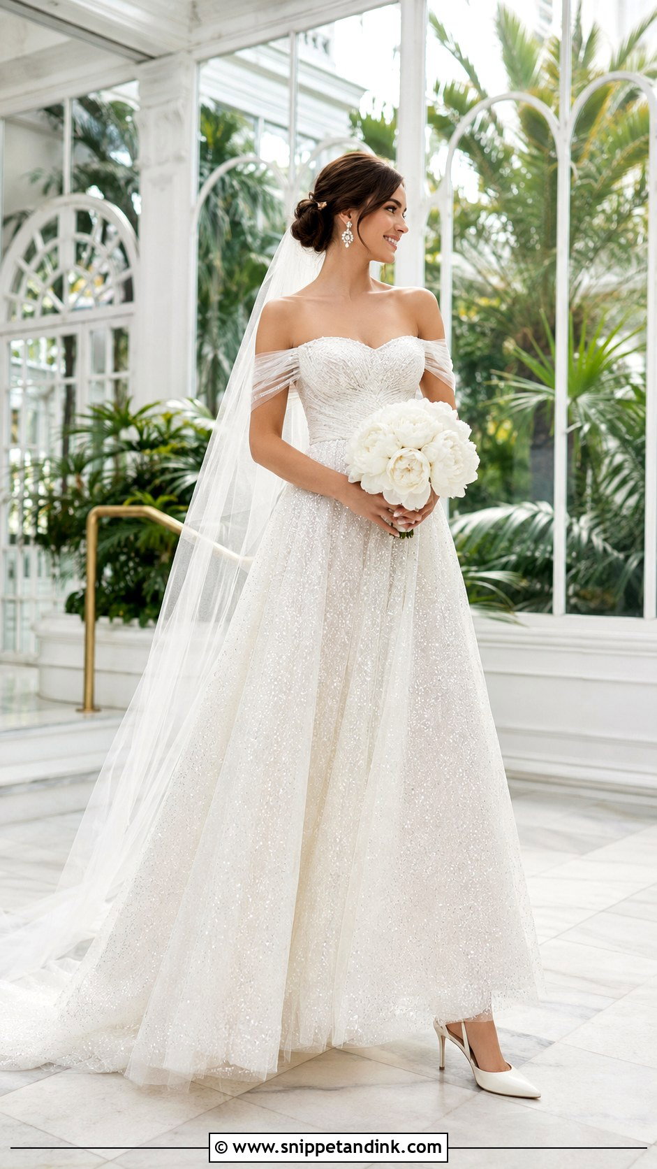 Off Shoulder Glitter Wedding Dress - Snippet and Ink - 20 Glitter Sparkle Wedding Dress Ideas