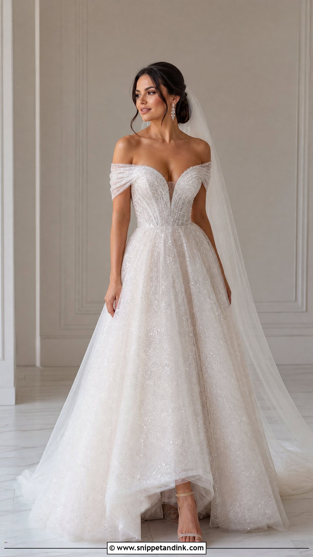 Off Shoulder Glitter Wedding Dress - Snippet and Ink - 25 Glittery Wedding Dresses