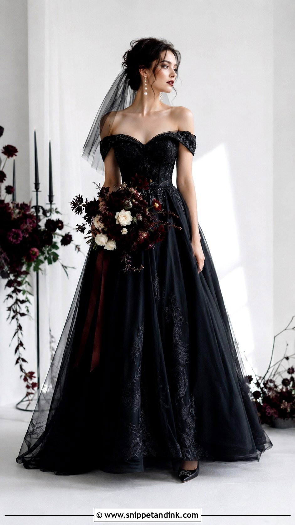 Off Shoulder Gothic Black Wedding Dress - Snippet and Ink - 25 Gothic Black Wedding Dress Ideas