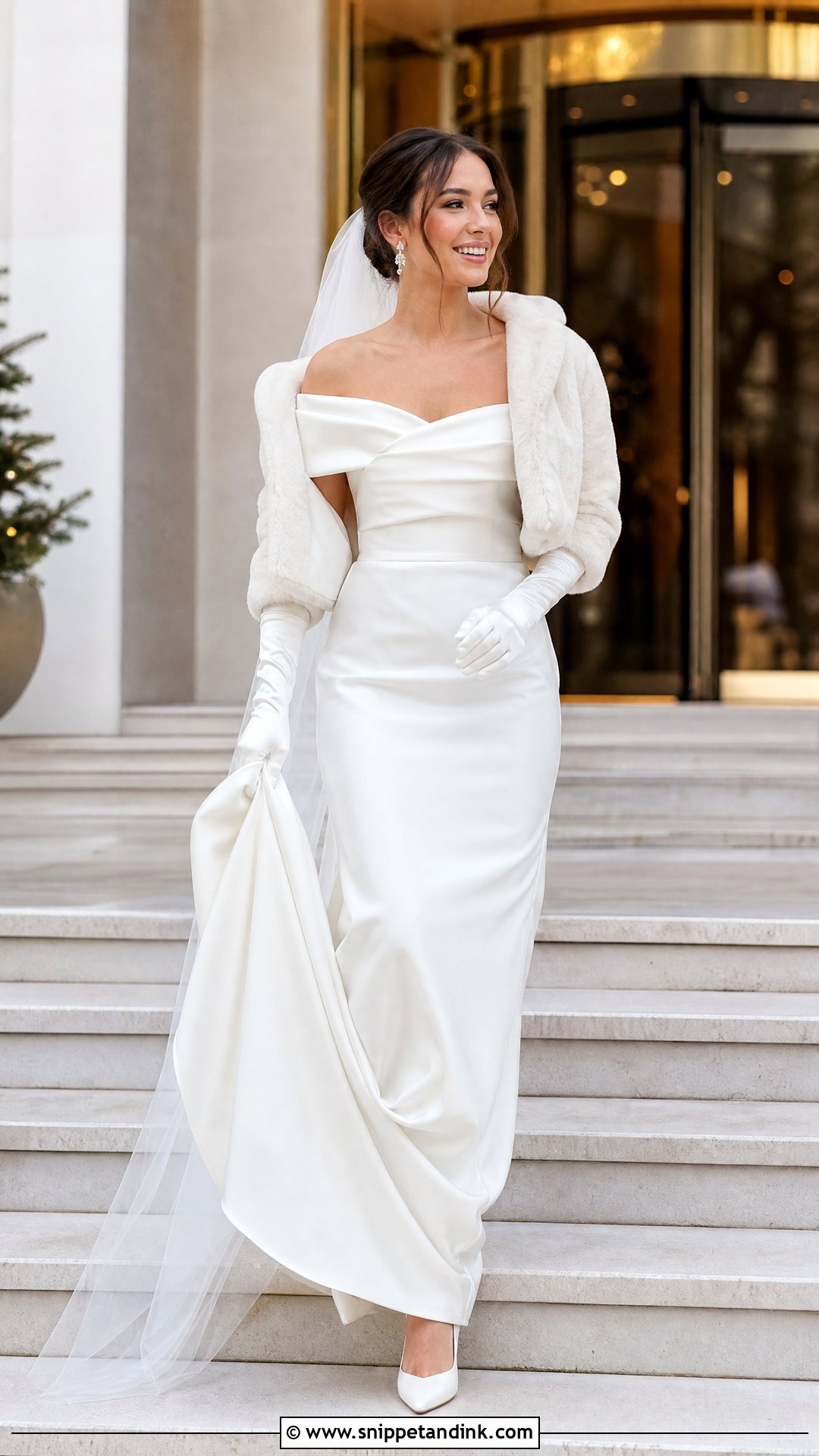 Off Shoulder Gown And Faux Fur Jacket Outfit - Snippet and Ink - 20 Winter Bride Outfits