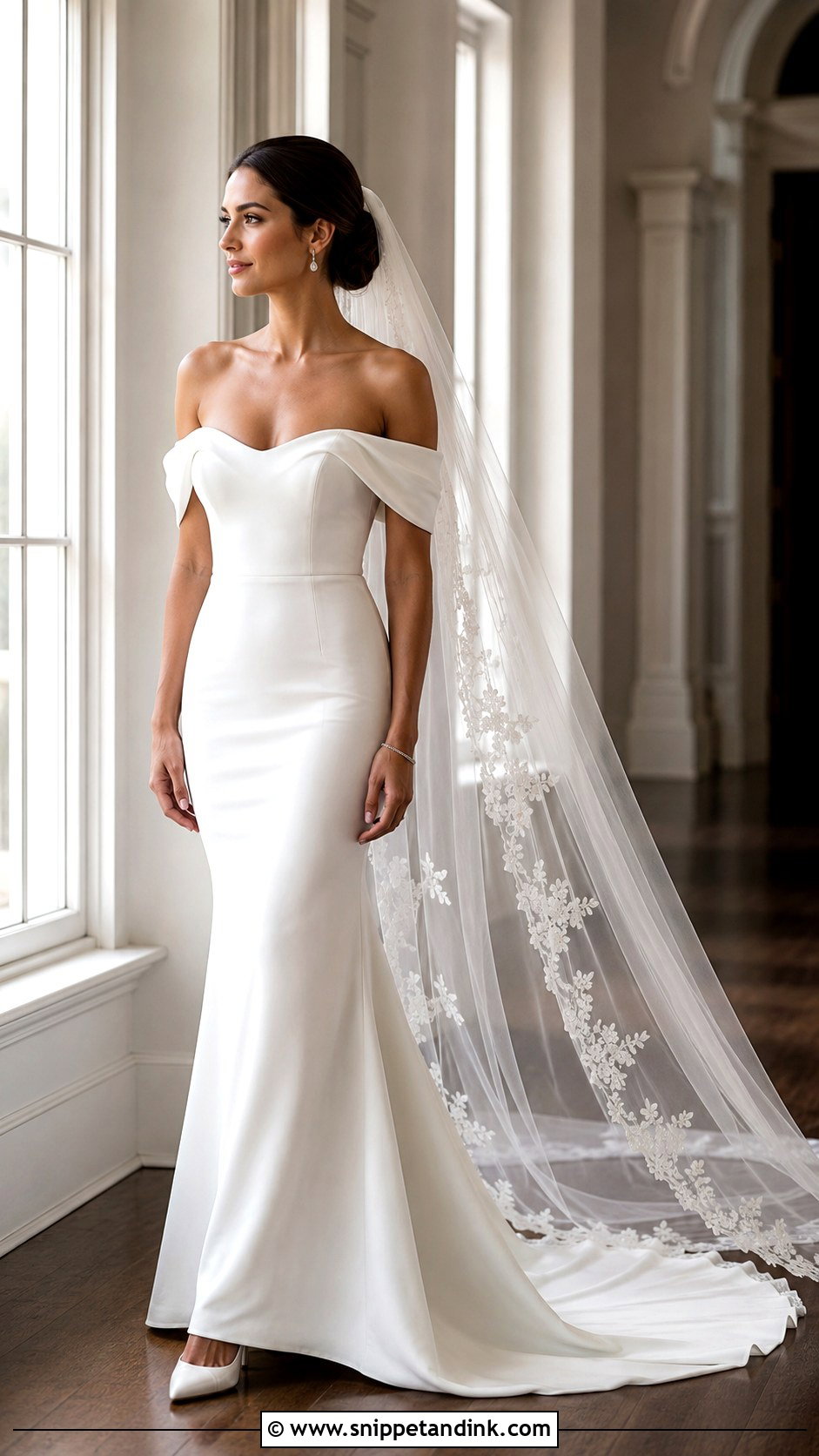 Off Shoulder Gown with Chapel Veil - Snippet and Ink - 20 Gown with Veil Ideas