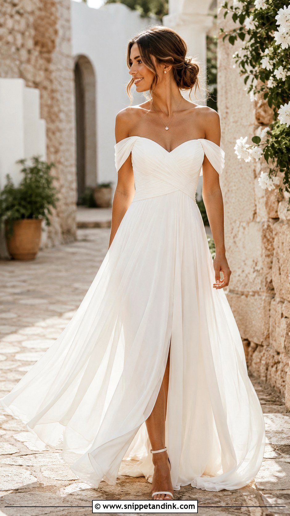 Off Shoulder Greek Wedding Dress - Snippet and Ink - 20 Greek Wedding Dresses