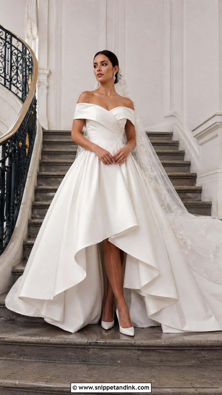 Off Shoulder Hi Lo Ball Gown - Snippet and Ink - 20 Hi Lo Wedding Dress Ideas