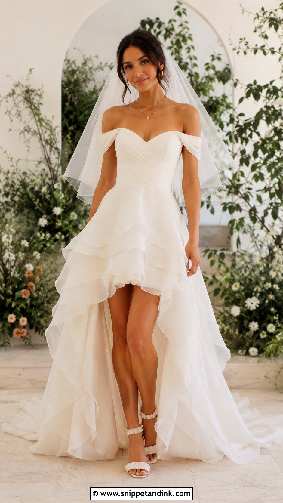 Off Shoulder Hi Low Wedding Dress With Ruffled Sandals - Snippet and Ink - 20 Hi Low Wedding Dress Ideas