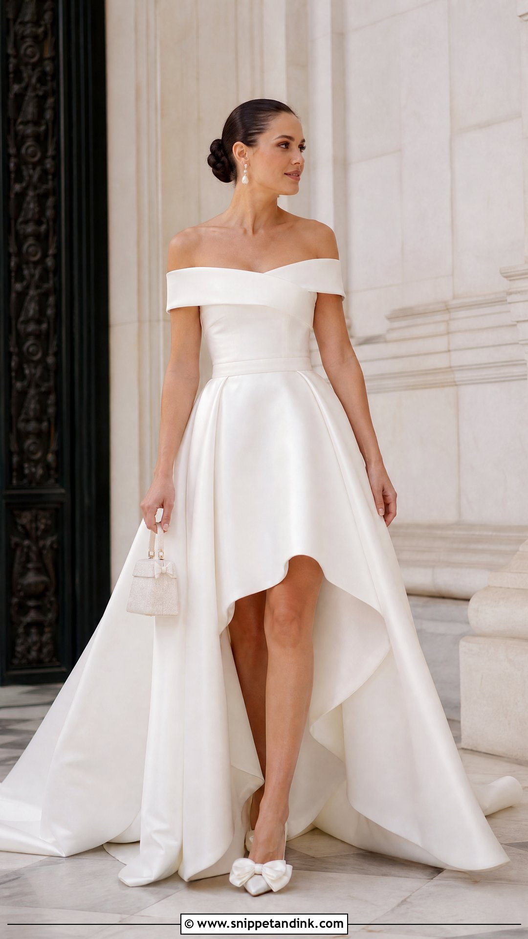 Off Shoulder High Low Wedding Dress With Bow Heels - Snippet and Ink - 20 High Low Wedding Dresses