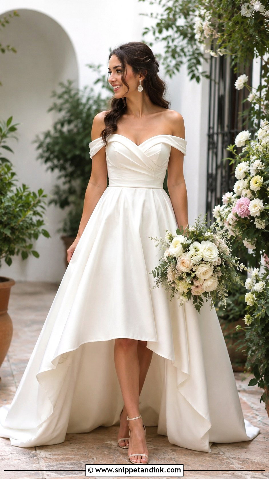 Off Shoulder High Low Wedding Dress With Drop Earrings - Snippet and Ink - 25 High Low Wedding Dress Ideas