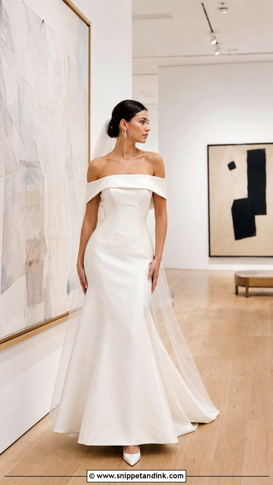 Off Shoulder KYHA Wedding Dress With Sculptural Heels - Snippet and Ink - 20 Khya Studios Wedding Dress Ideas