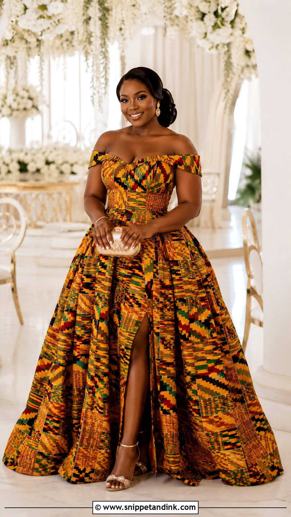 Off Shoulder Kente Ball Gown - Snippet and Ink - 20 Ghanian Wedding Dress Ideas
