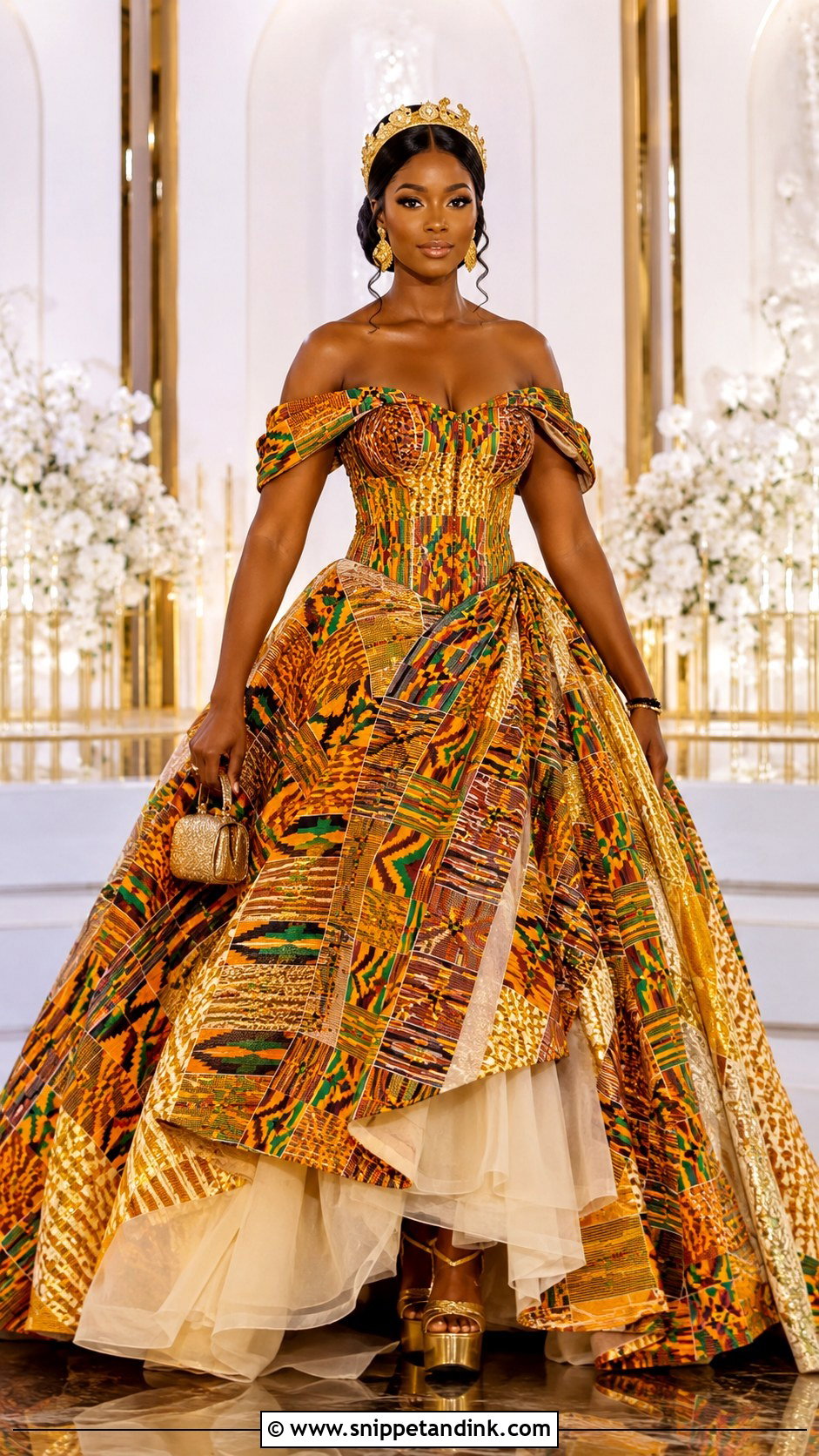 Off Shoulder Kente Ball Gown - Snippet and Ink - 20 Ghana Traditional Wedding Dresses