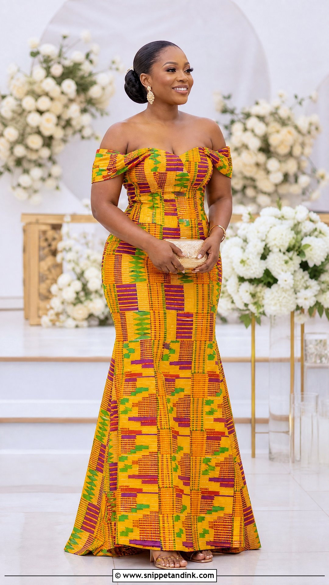 Off Shoulder Kente Ghana Wedding Dress - Snippet and Ink - 25 Ghana Wedding Dress Ideas