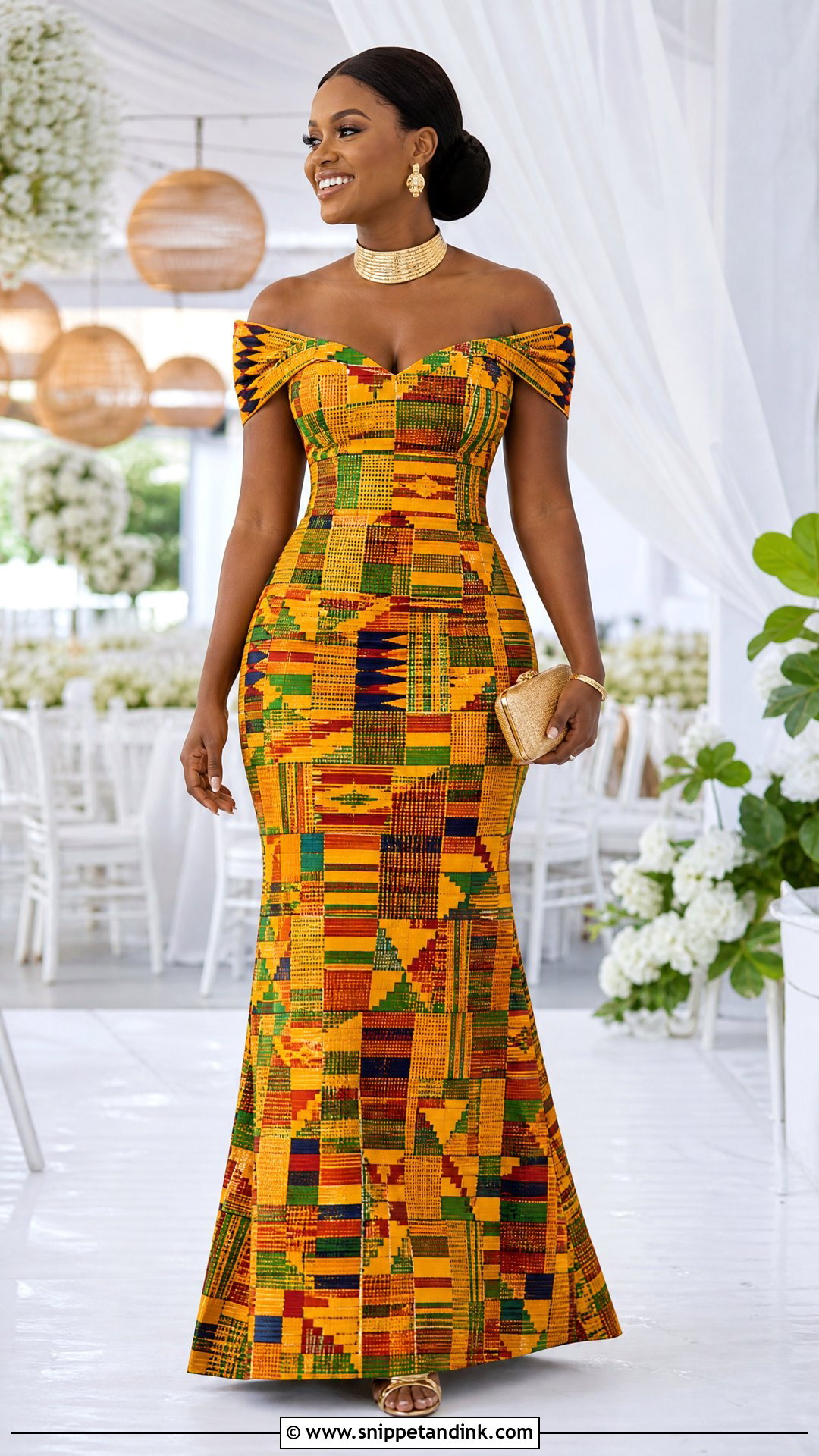Off Shoulder Kente Wedding Dress - Snippet and Ink - 20 Traditional Ghana Wedding Dress Ideas