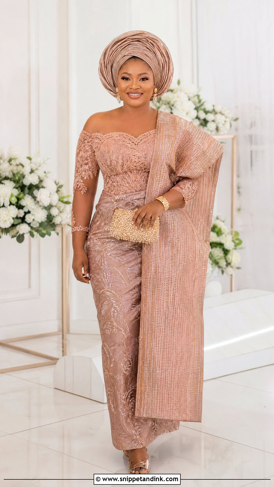 Off Shoulder Lace And Wrapper Outfit - Snippet and Ink - 20 Yoruba Introduction Outfit Ideas