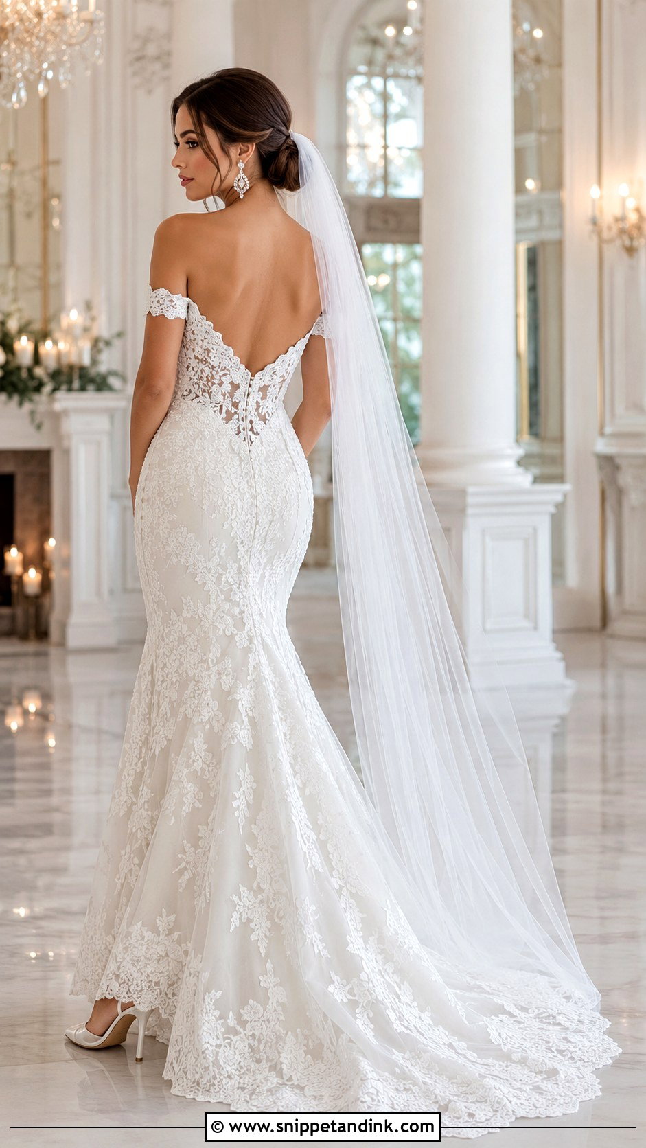 Off Shoulder Lace Back Wedding Dress - Snippet and Ink - 20 Lace Back Wedding Dress Ideas