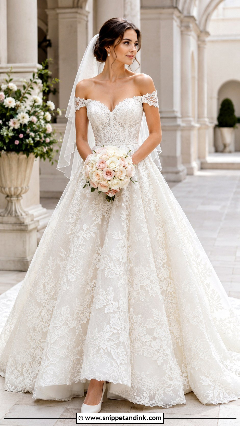 Off Shoulder Lace Ball Gown Wedding Dress - Snippet and Ink - 20 Big Lace Wedding Dress Ideas