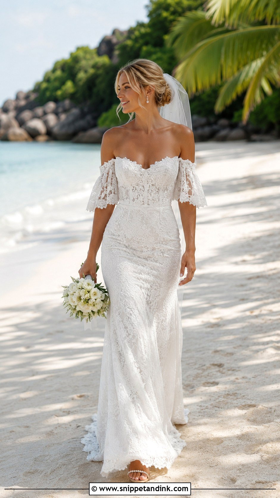 Off Shoulder Lace Beach Wedding Dress - Snippet and Ink - 20 Lace Beach Wedding Dress Ideas