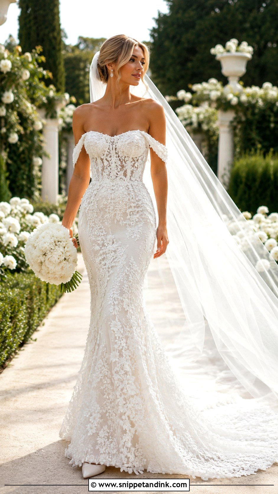 Off Shoulder Lace Fit and Flare Wedding Dress - Snippet and Ink - 20 Lace Fit and Flare Wedding Dress Ideas