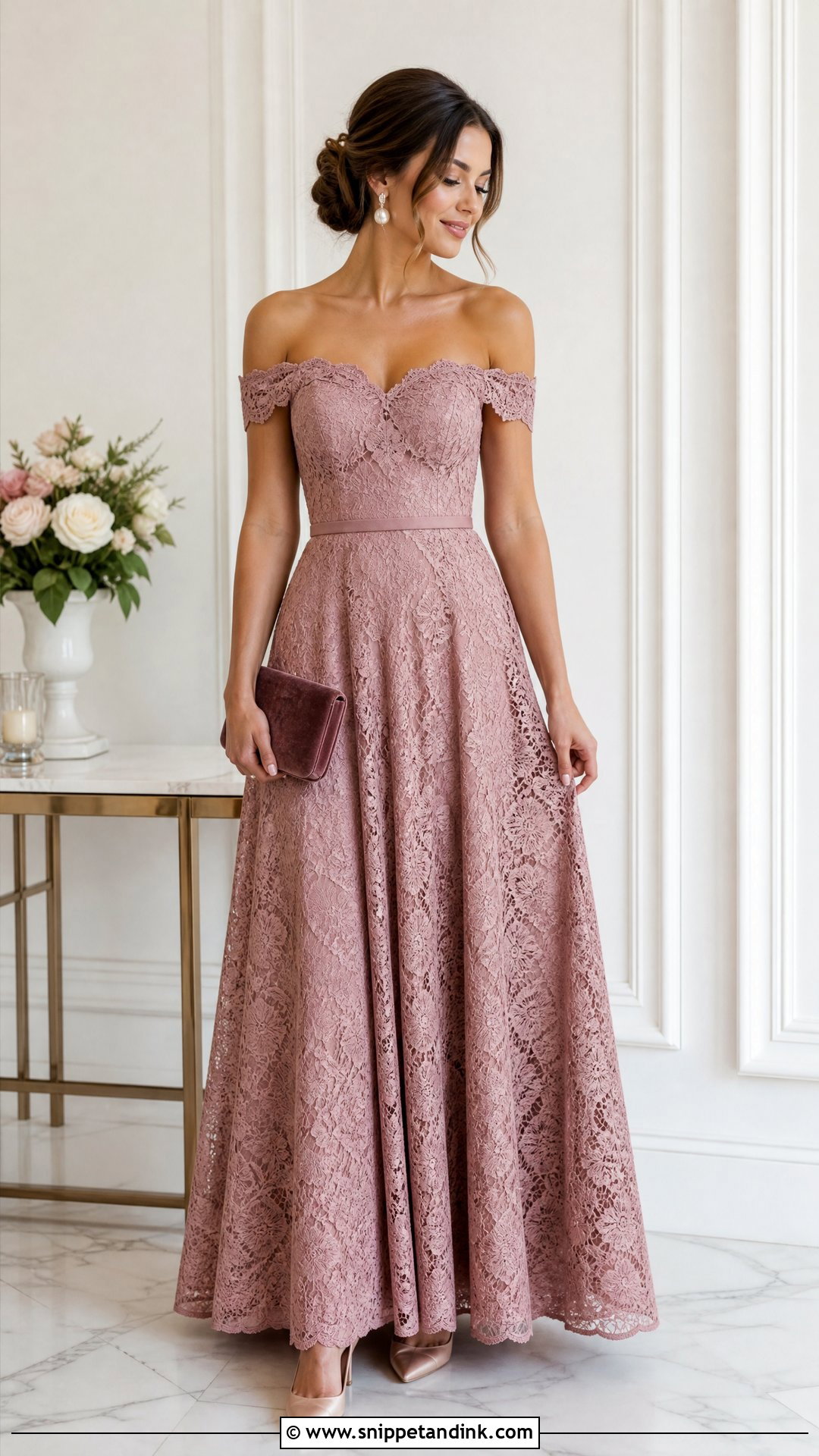 Off Shoulder Lace Flair Gown Outfit - Snippet and Ink - 20 Flair Gown Ideas