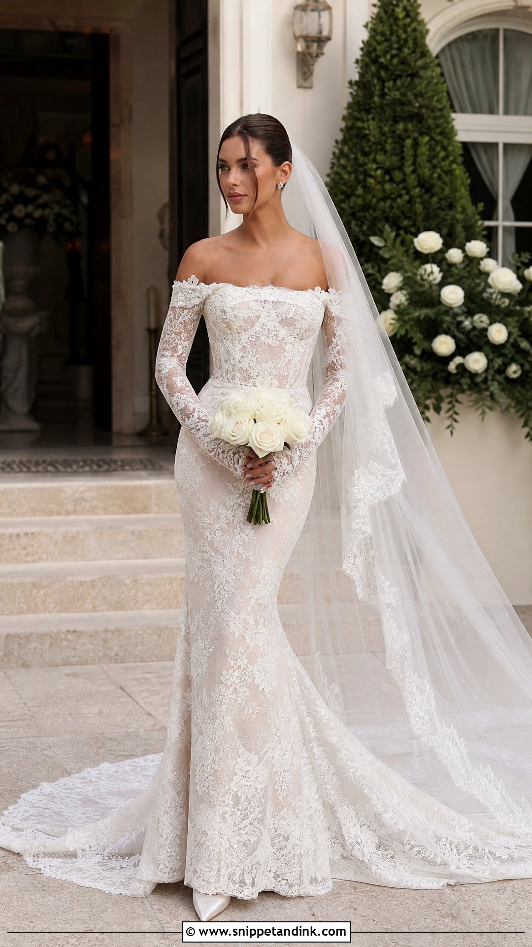 Off Shoulder Lace Mermaid Wedding Dress - Snippet and Ink - 20 Hailey Beiber Wedding Dress Ideas