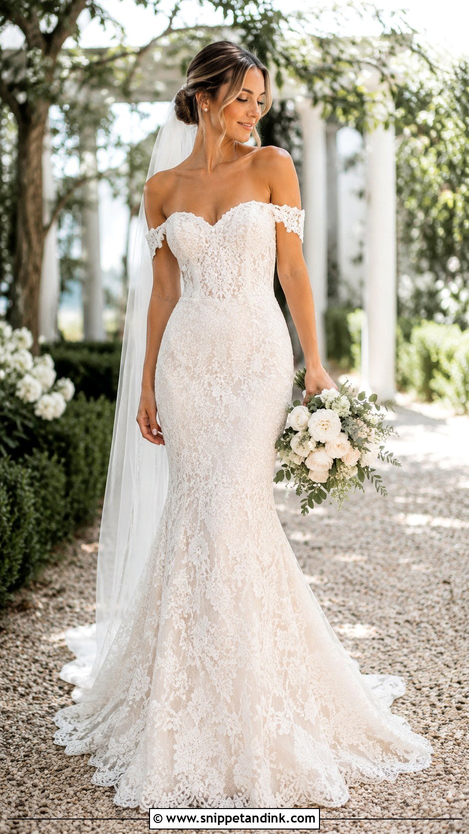 Off Shoulder Lace Mermaid Wedding Dress - Snippet and Ink - 30 Lace Mermaid Wedding Dress Ideas