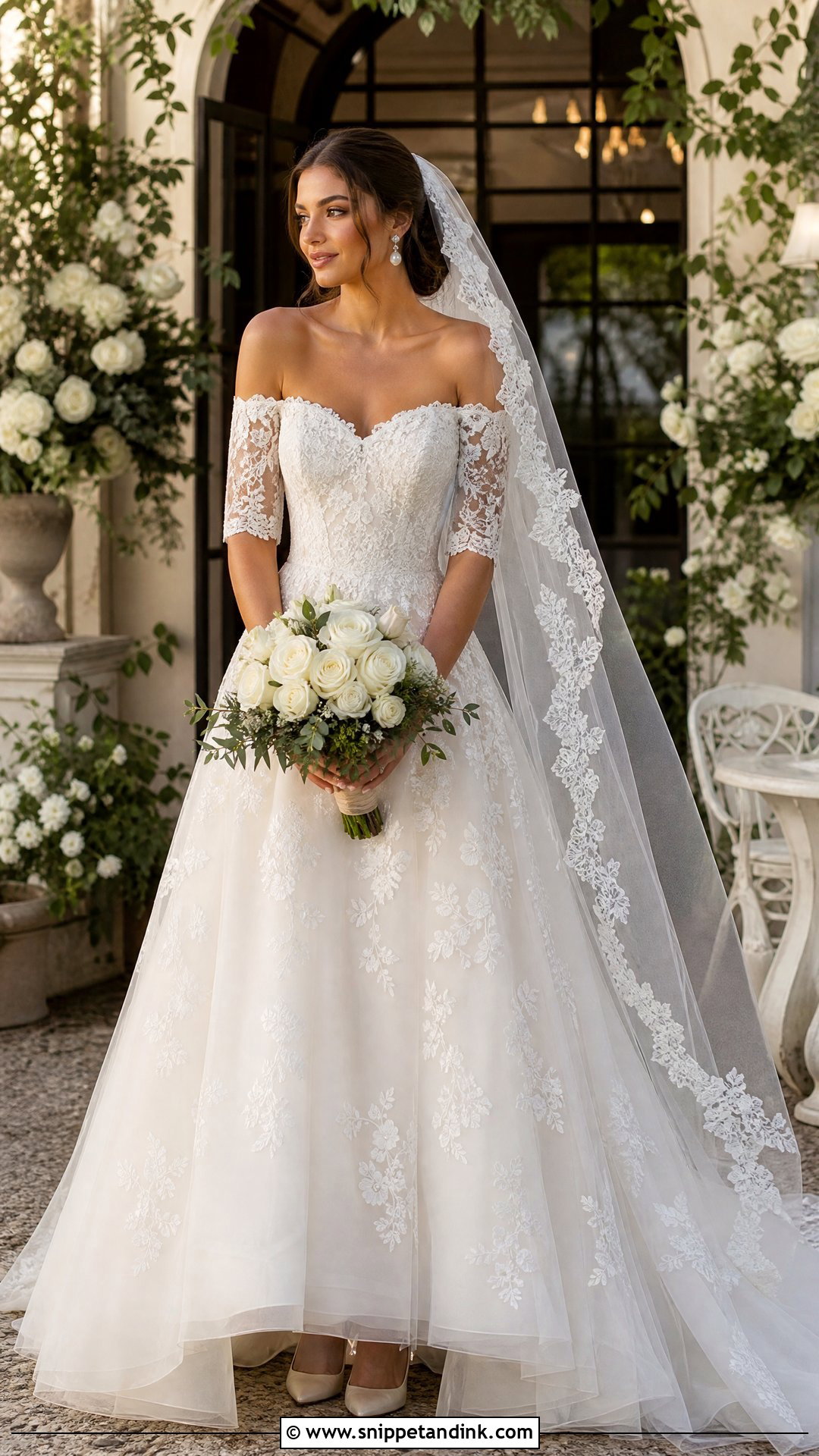 Off Shoulder Lace Sleeve Wedding Dress - Snippet and Ink - 20 Off Shoulder Sleeve Wedding Dress Ideas
