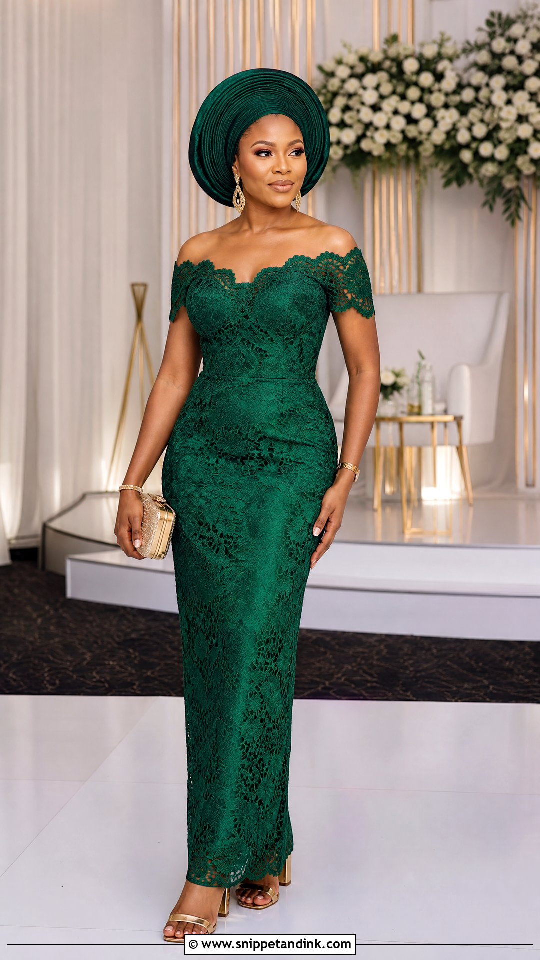 Off Shoulder Lace Straight Gown - Snippet and Ink - 20 Owanbe Styles for Lace Straight Gown