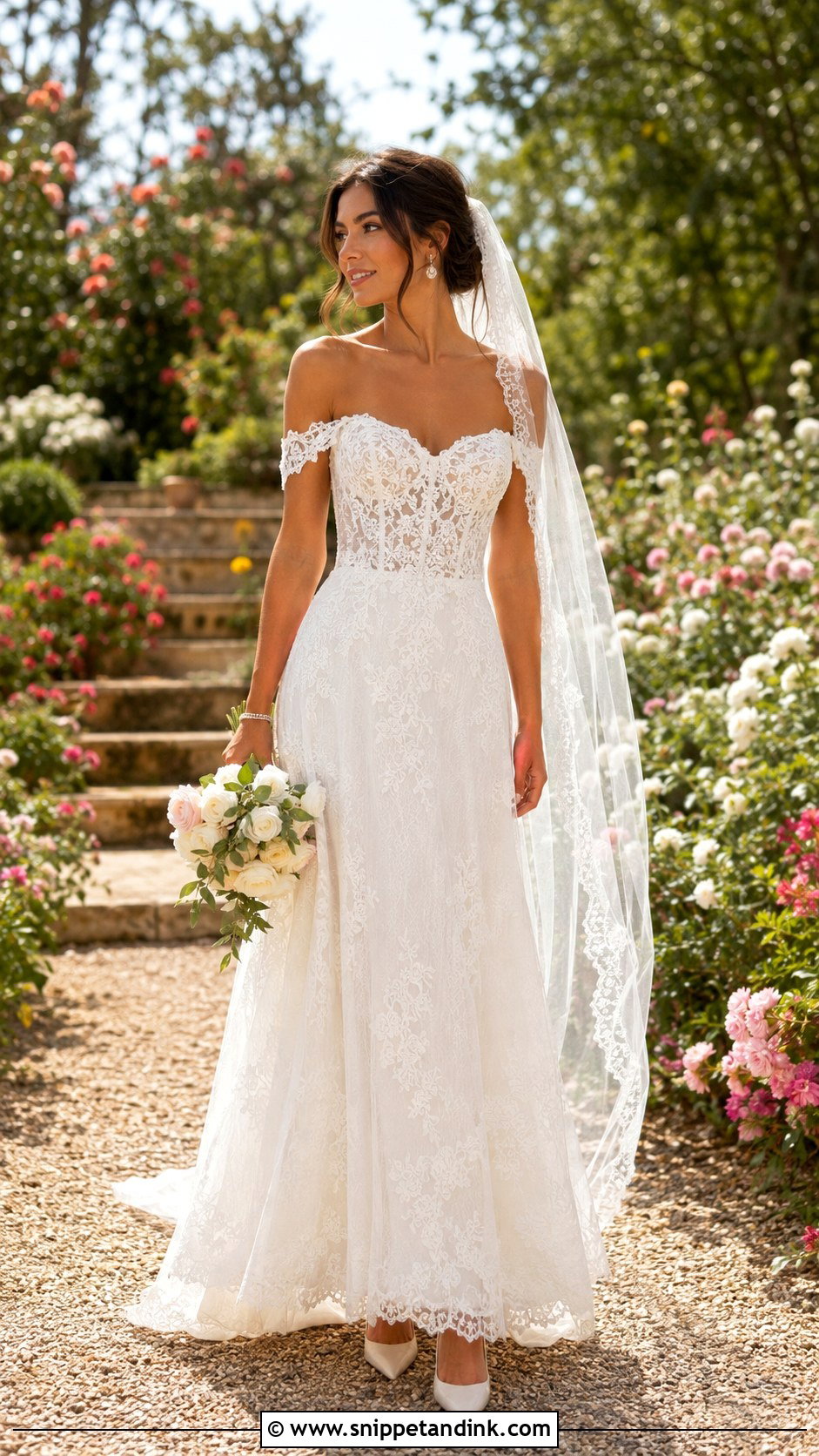 Off Shoulder Lace Summer Wedding Dress - Snippet and Ink - 20 Summer Wedding Dress for Bride Ideas