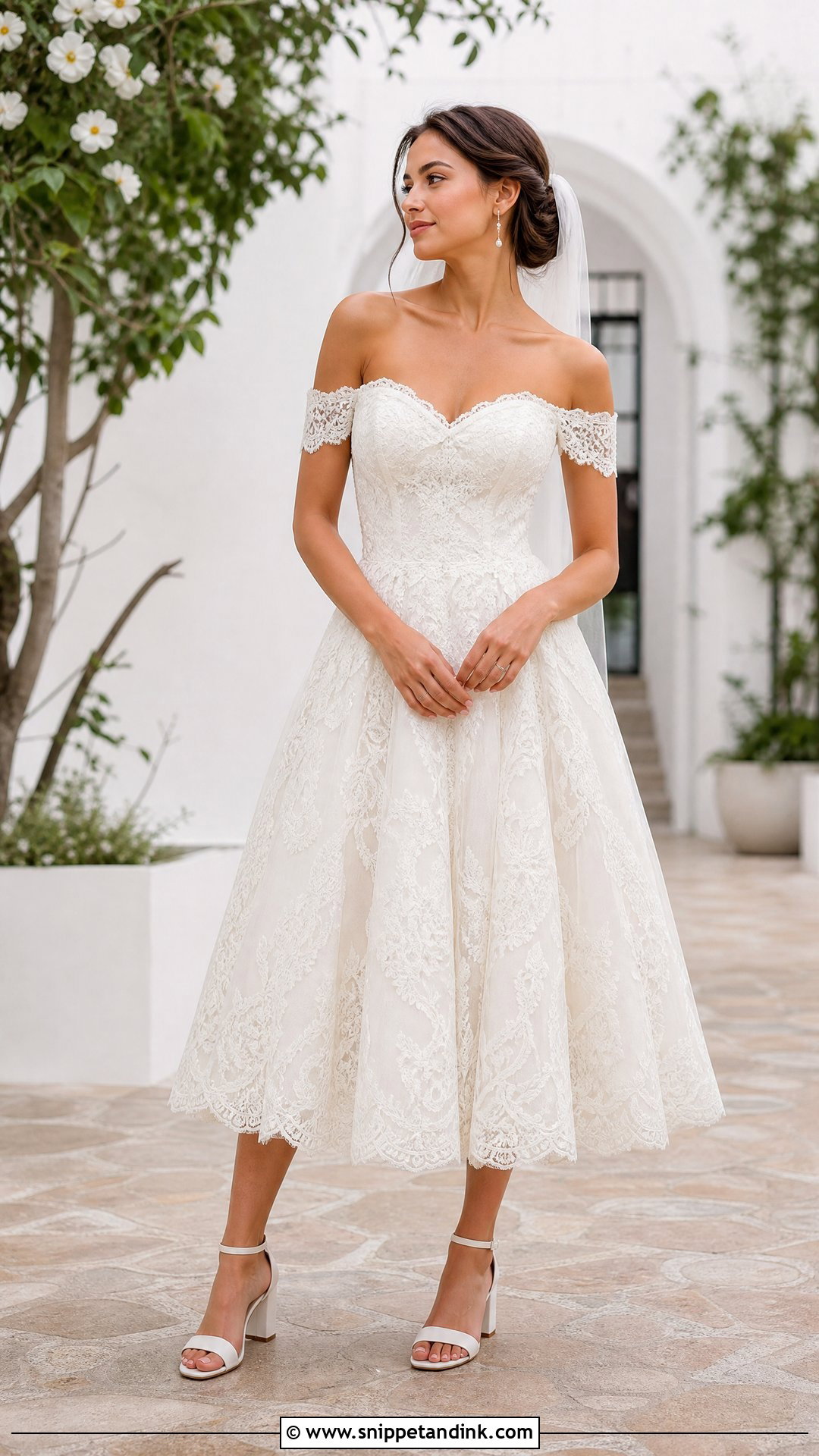 Off Shoulder Lace Tea Length Wedding Dress - Snippet and Ink - 20 Tea Length Wedding Dresses Lace