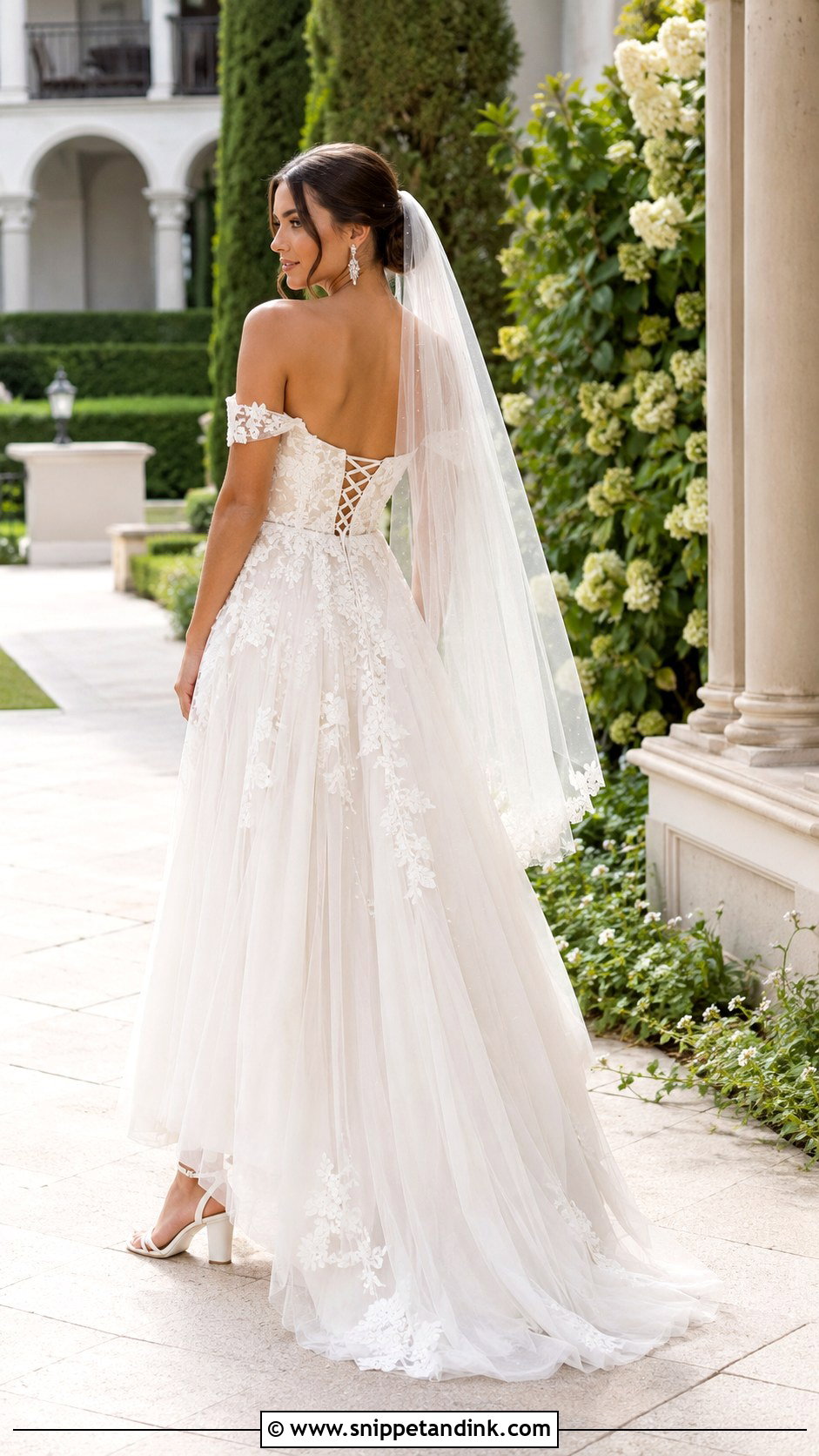 Off Shoulder Lace Up Back A Line Wedding Dress - Snippet and Ink - 20 Lace Up Back Wedding Dress Ideas
