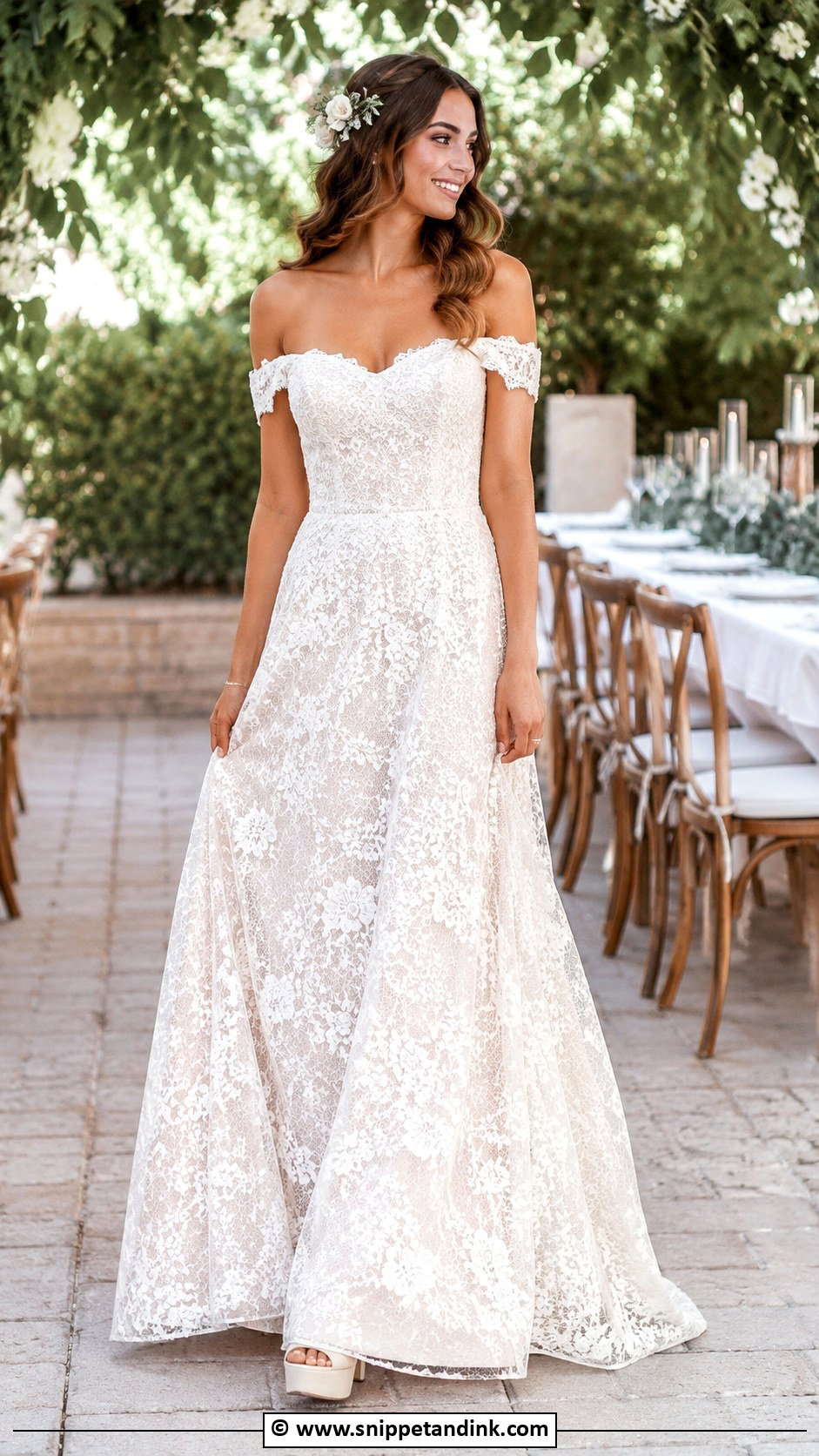 Off Shoulder Lace Wedding Dress - Snippet and Ink - 30 70s Wedding Dress Ideas