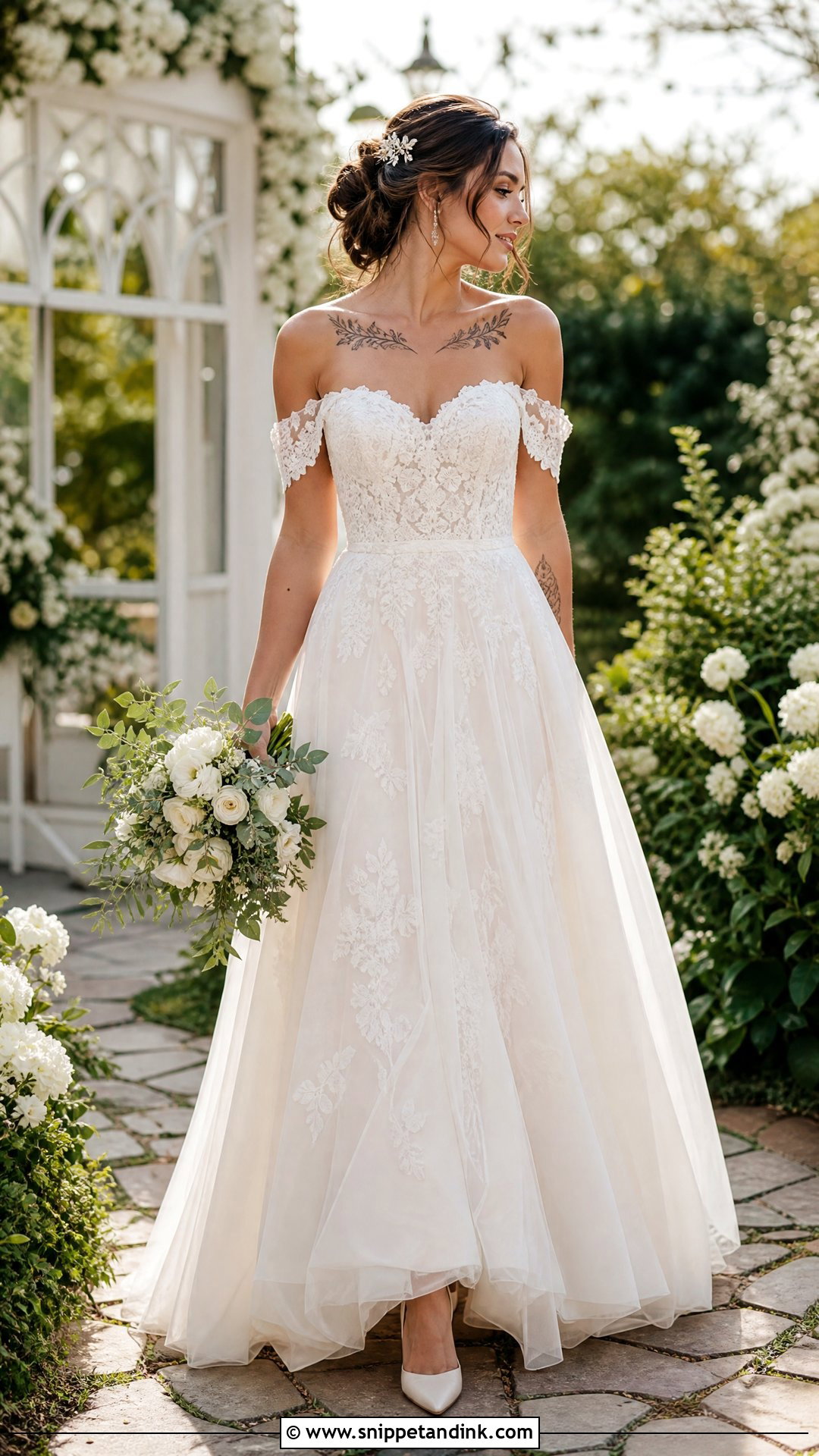 Off Shoulder Lace Wedding Dress With Collarbone Tattoos - Snippet and Ink - 20 Tattoos in Wedding Dress Ideas