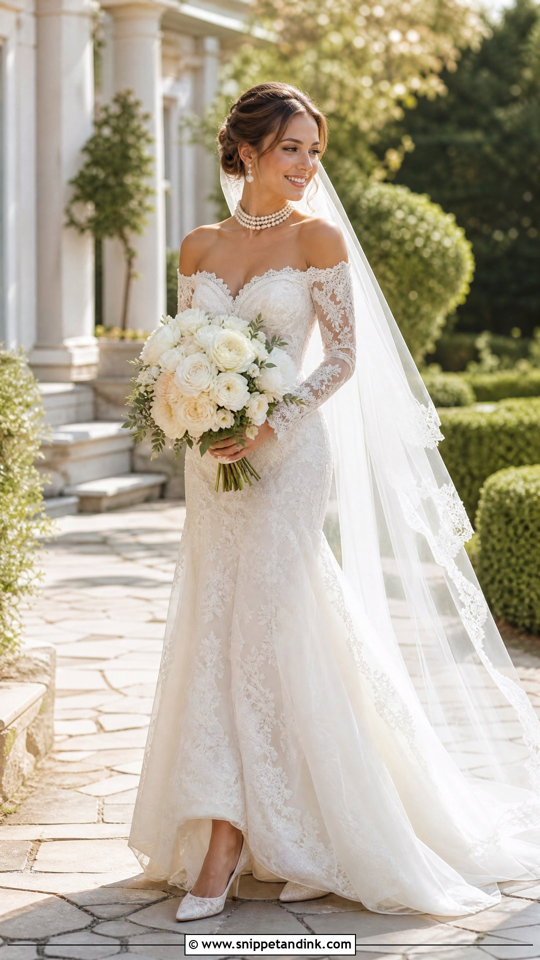 Off Shoulder Lace Wedding Dress With Pearl Choker - Snippet and Ink - 20 Wedding Dress with Pearl Necklace Ideas