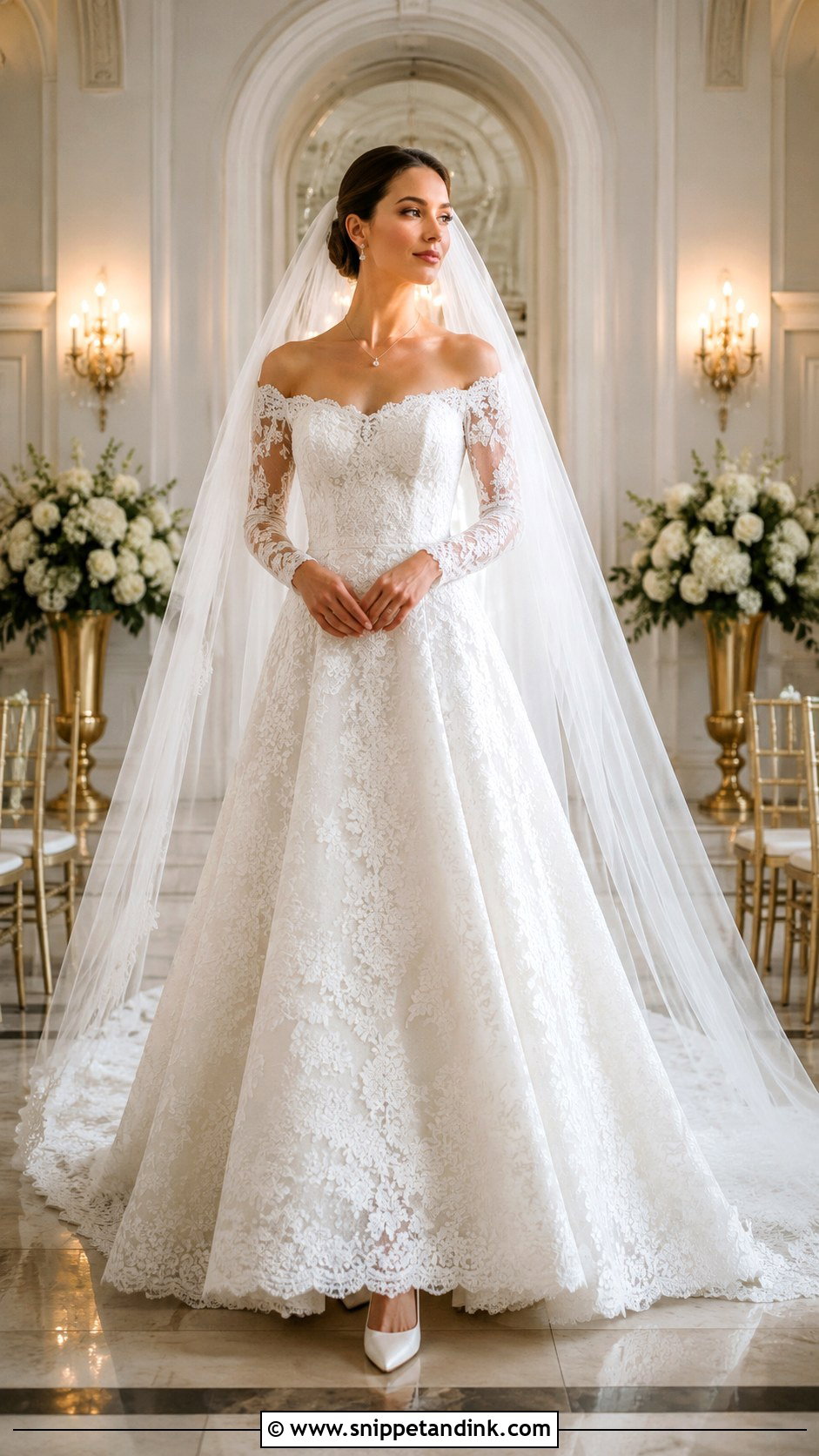 Off Shoulder Lace Wedding Dress With Sleeves - Snippet and Ink - 20 Lacy Wedding Dresses with Sleeves