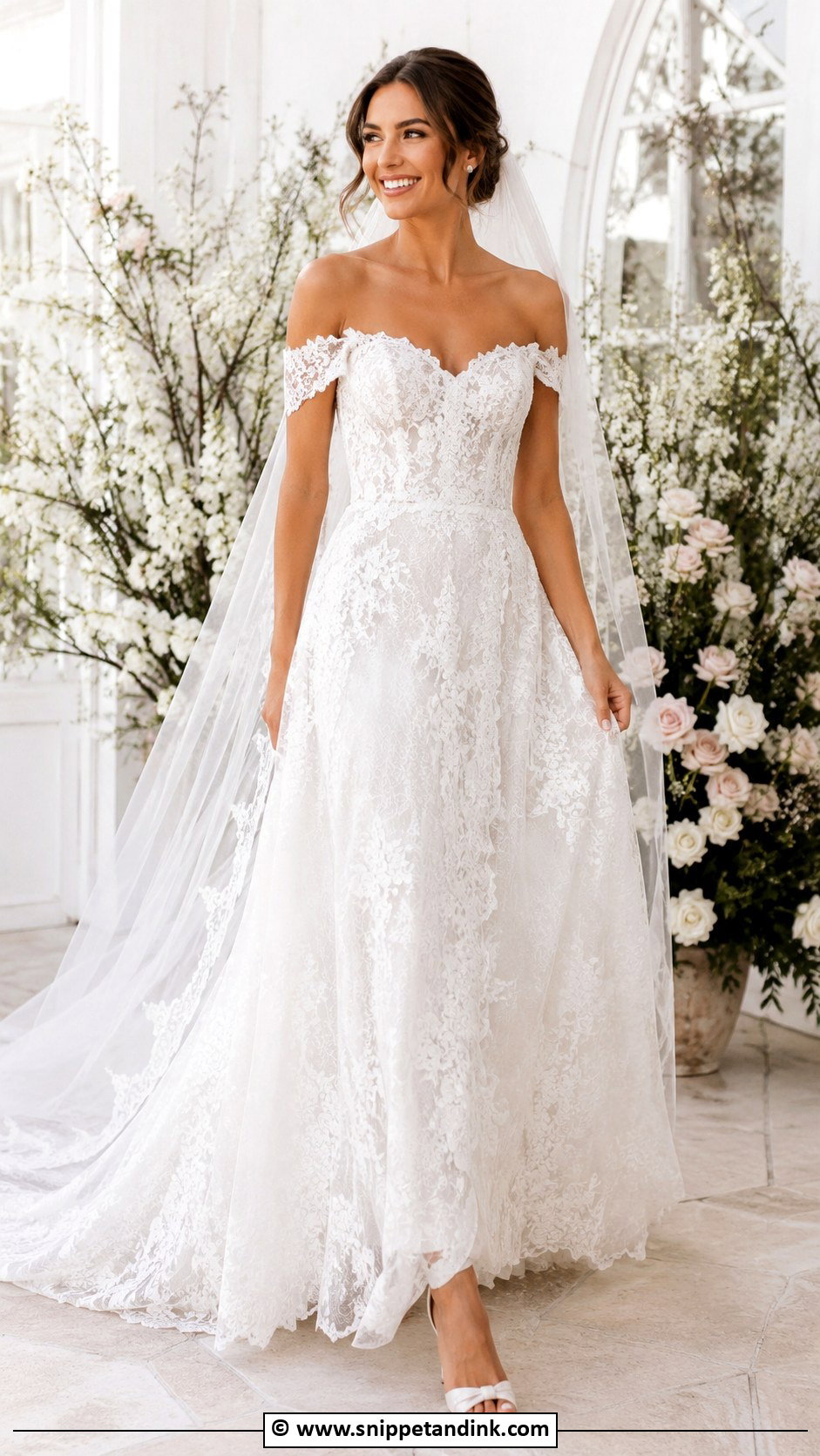 Off Shoulder Lace Wedding Dress - Snippet and Ink - 25 Glam Wedding Dress Ideas