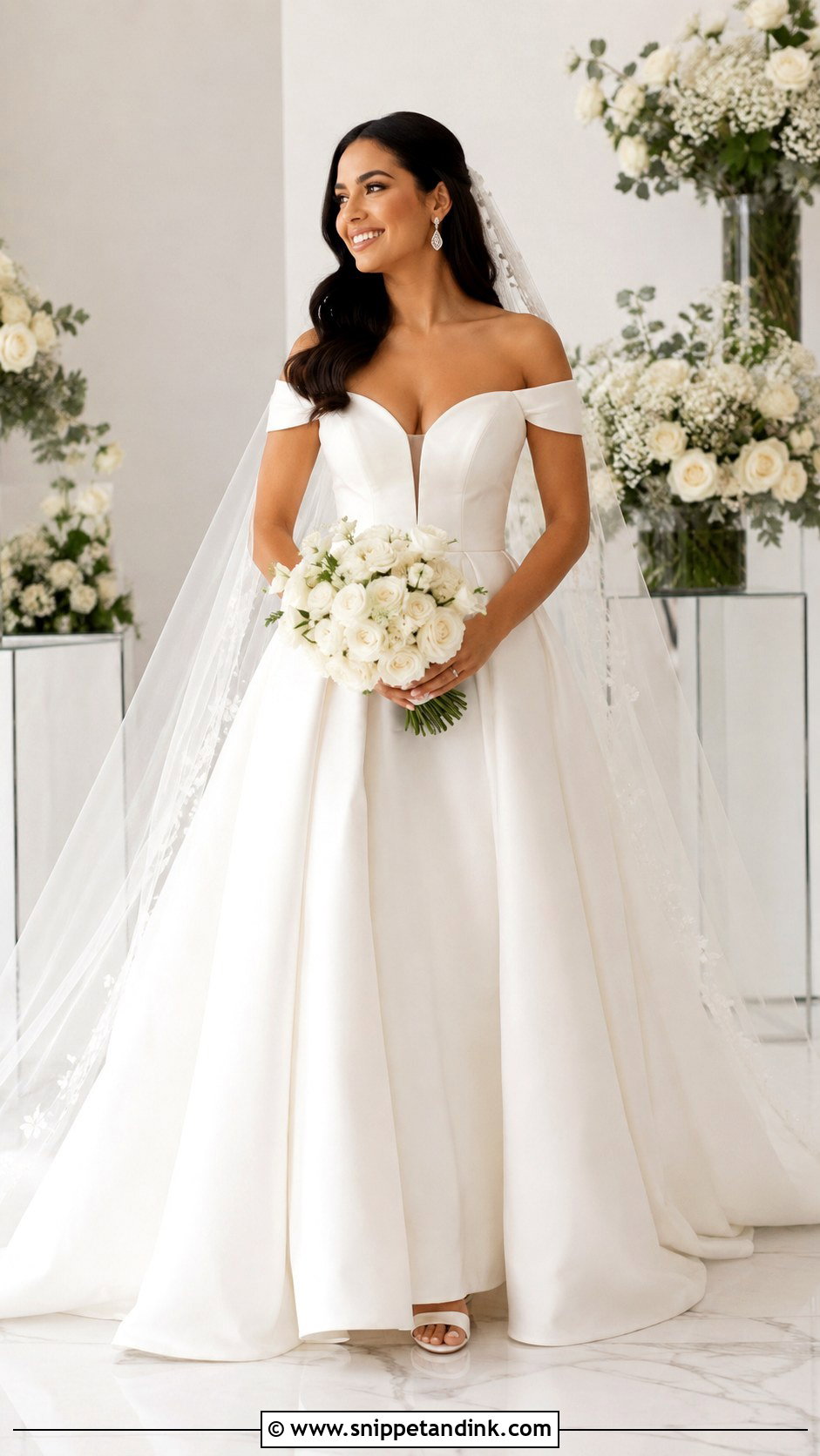 Off Shoulder Latina Wedding Dress With Cathedral Veil - Snippet and Ink - 25 Latina Wedding Dress Ideas