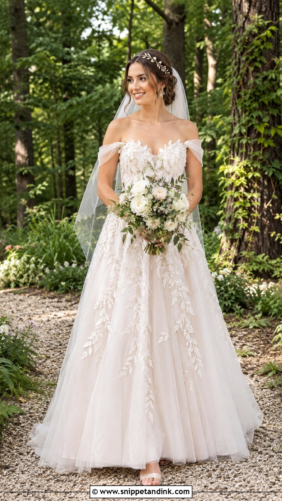 Off Shoulder Leaf Applique Faerie Wedding Dress - Snippet and Ink - 20 Faerie Wedding Dress Ideas