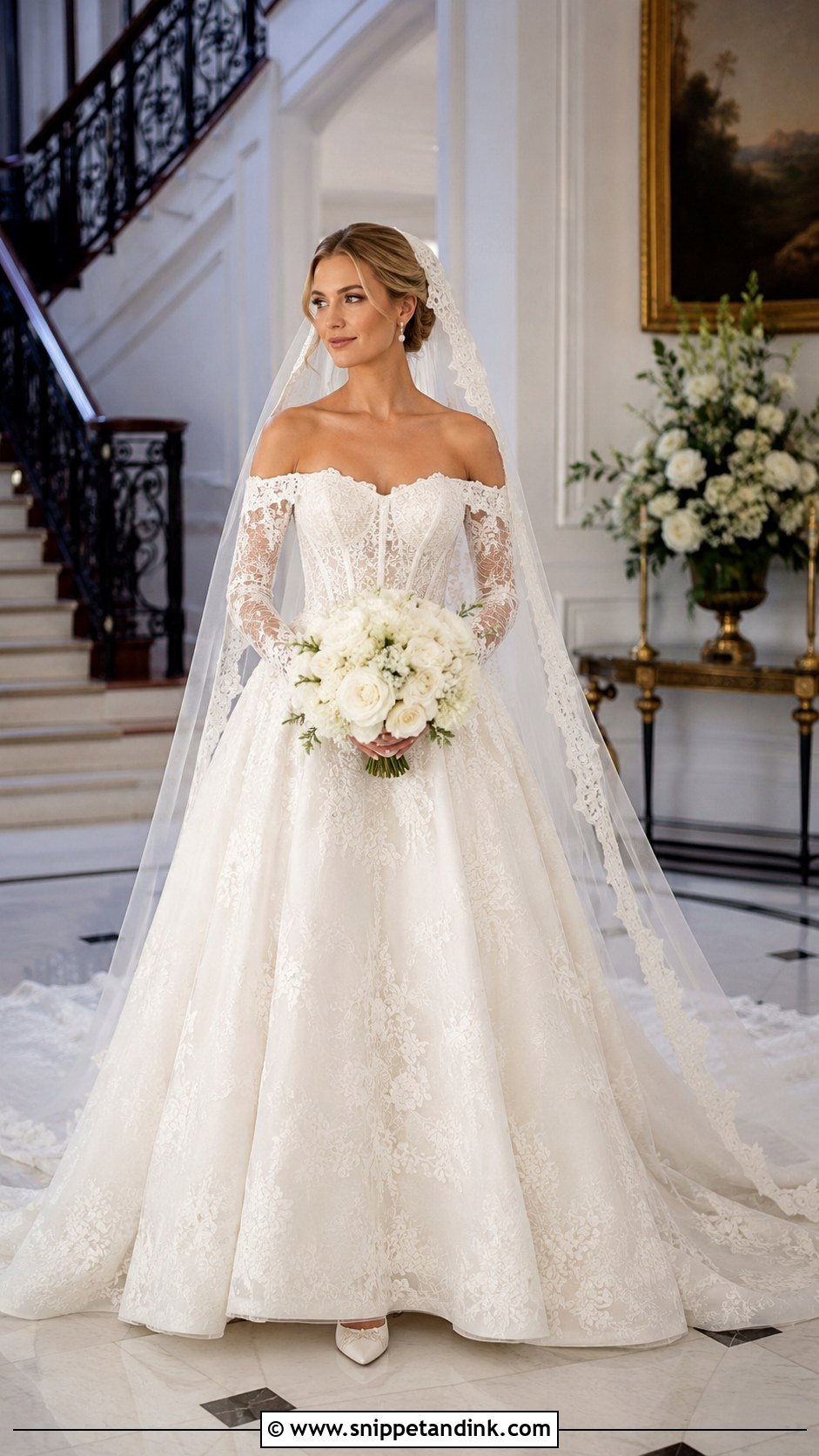 Off Shoulder Long Sleeve Corset Gown - Snippet and Ink - 20 Long Corset Wedding Dress Ideas