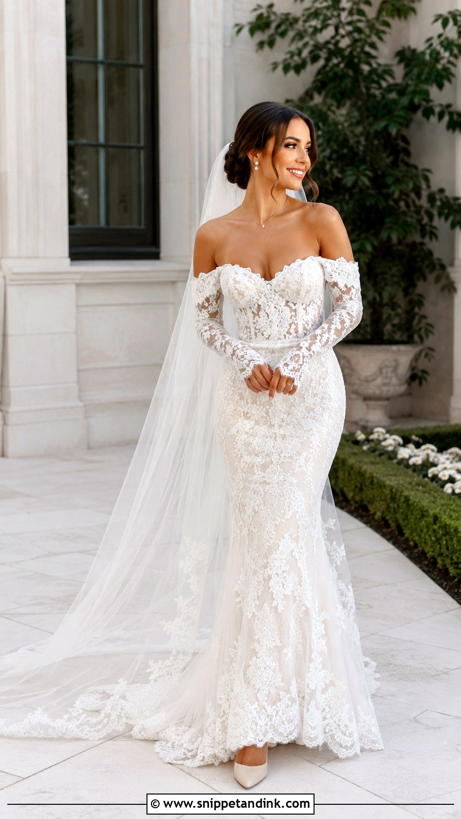Off Shoulder Long Sleeve Lace Wedding Dress - Snippet and Ink - 20 Long Sleeved Lace Wedding Dress Ideas