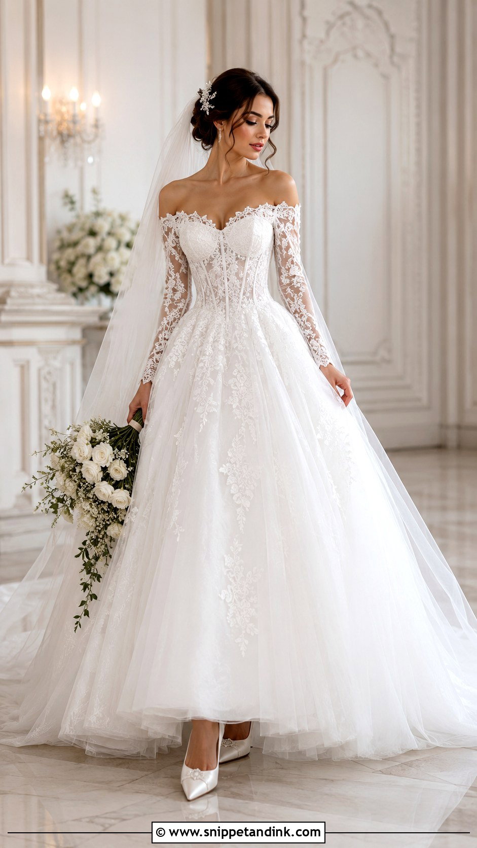 Off Shoulder Long Sleeve Lace Wedding Dress Ballgown - Snippet and Ink - 20 Long Sleeve Lace Wedding Dress Ballgown Ideas