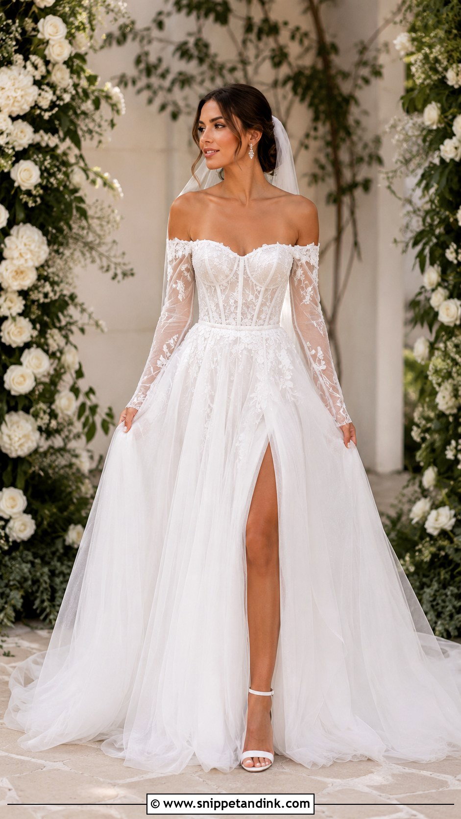 Off Shoulder Long Sleeve Tulle Wedding Dress - Snippet and Ink - 20 Long Sleeve Flowy Wedding Dress Ideas