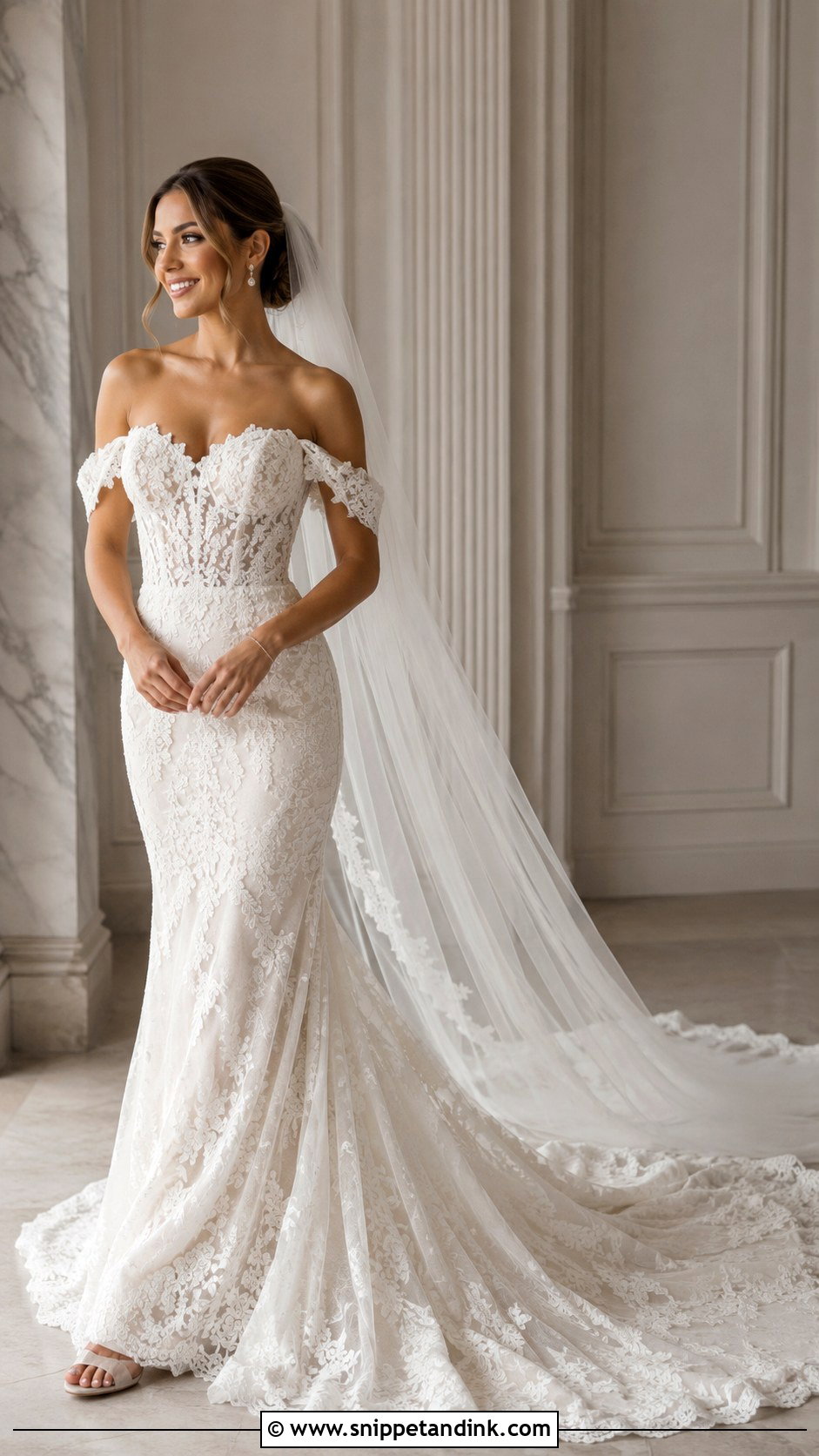 Off Shoulder Long Train Wedding Dress - Snippet and Ink - 25 Long Train Wedding Dresses