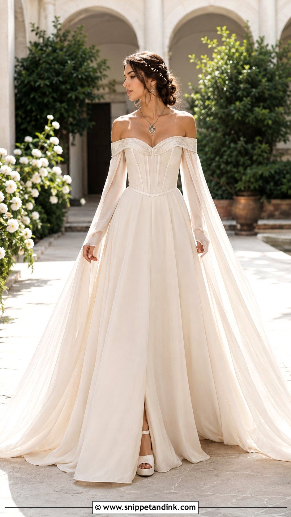 Off Shoulder Medieval Wedding Dress With Cape Sleeves - Snippet and Ink - 20 Medieval Style Wedding Dress Ideas