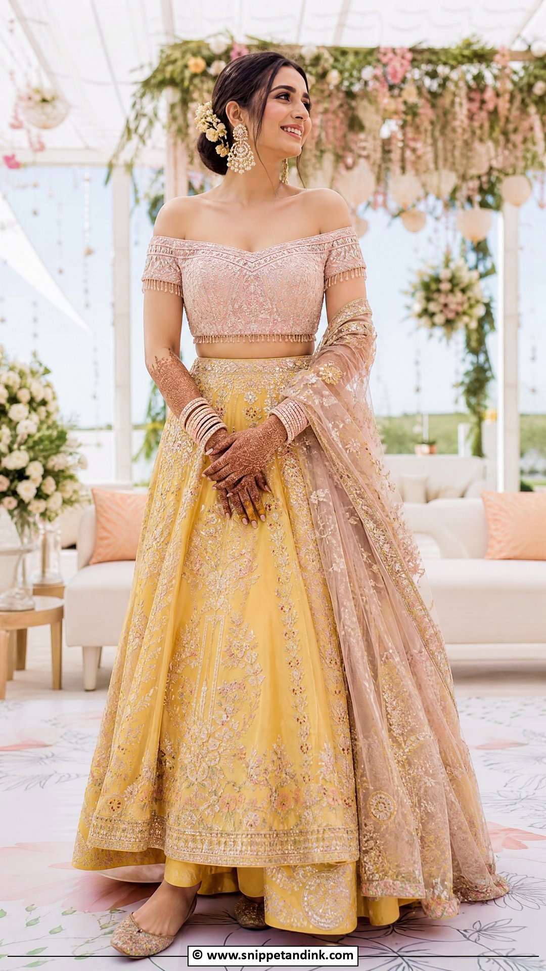 Off Shoulder Mehndi Lehenga For Bride - Snippet and Ink - 35 Mehndi Dress for Bride Ideas