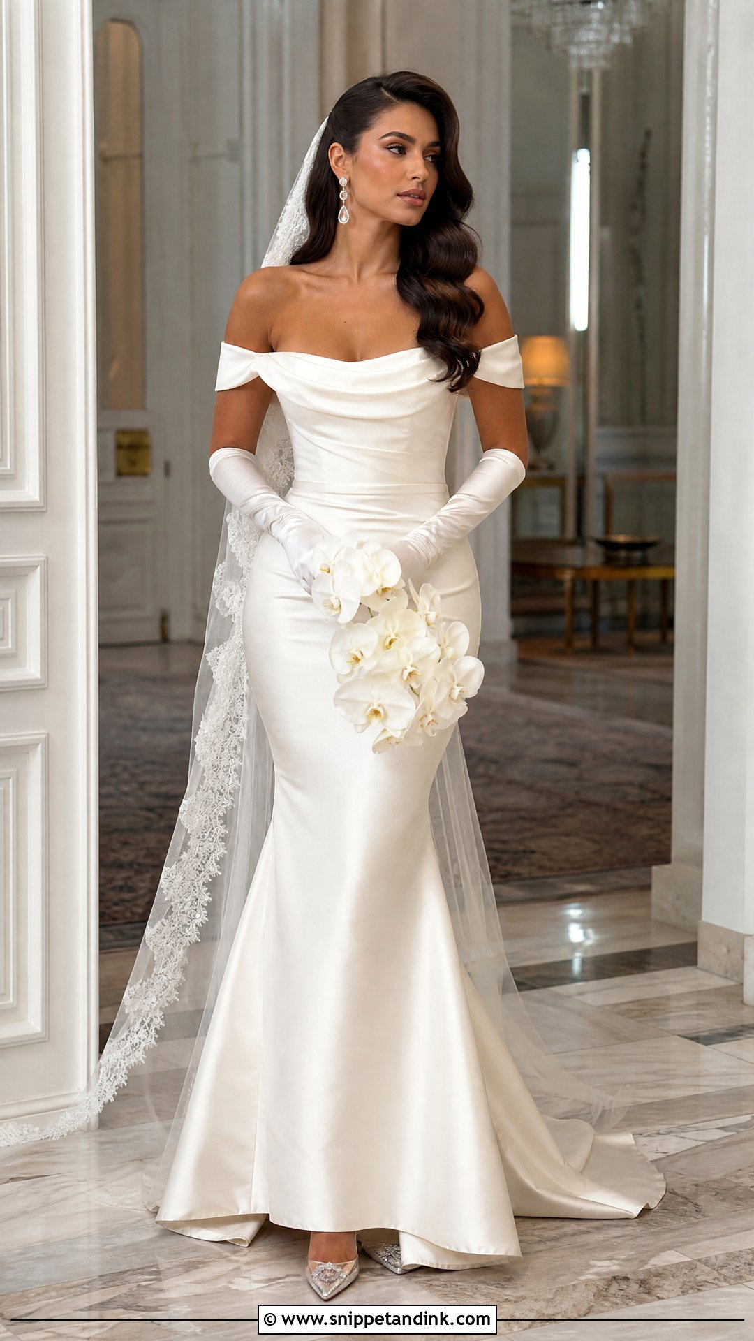 Off Shoulder Mermaid Wedding Dress With Satin Gloves - Snippet and Ink - 20 Wedding Dress and Gloves Ideas