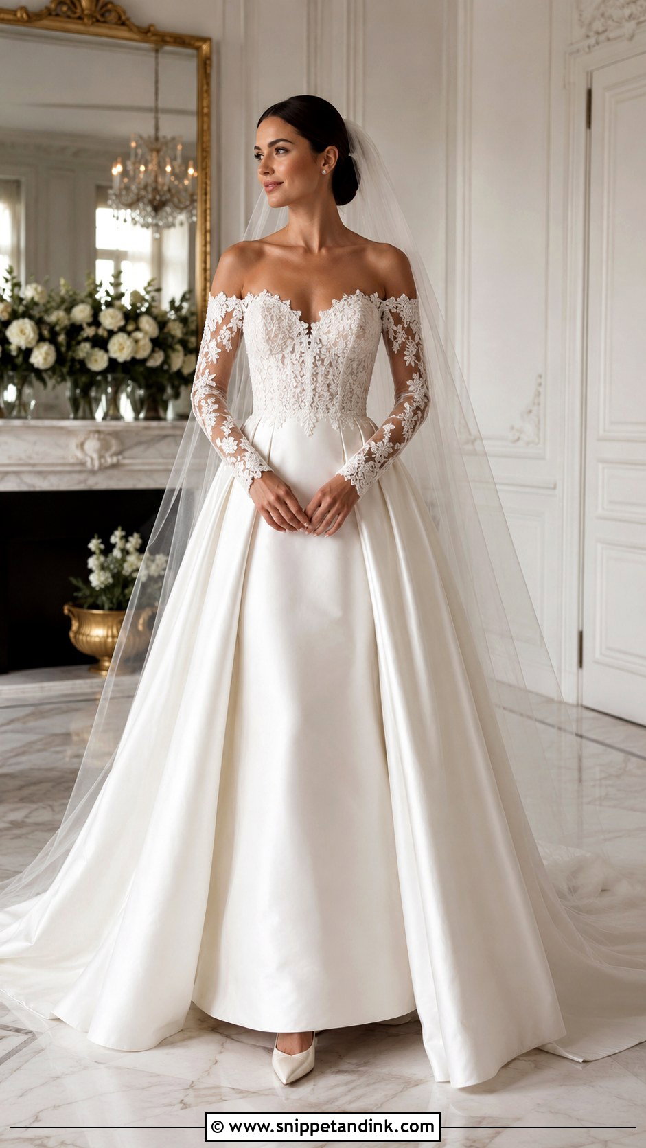 Off Shoulder Mesh Sleeve Ball Gown - Snippet and Ink - 20 Mesh Sleeve Wedding Dress Ideas