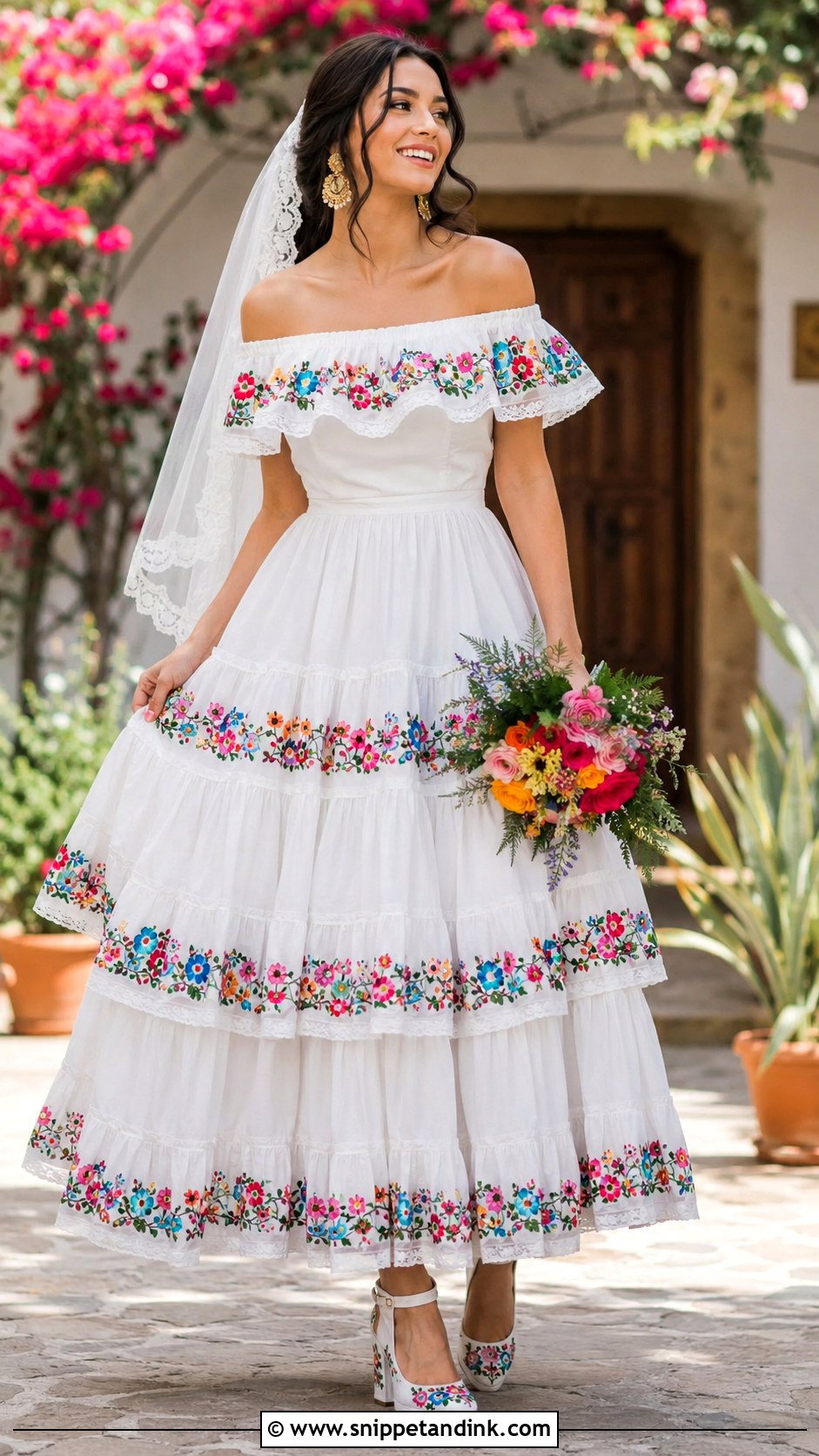Off Shoulder Mexican Wedding Dress With Ruffles - Snippet and Ink - 20 Mexican Style Spanish Wedding Dress Ideas