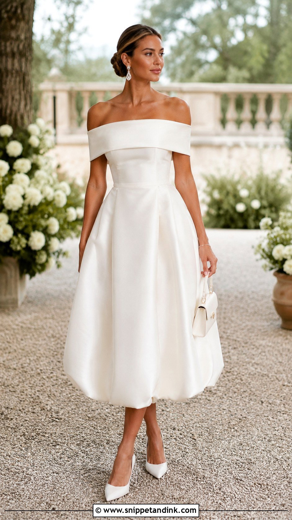 Off Shoulder Midi Balloon Wedding Dress - Snippet and Ink - 20 Balloon Wedding Dress Ideas
