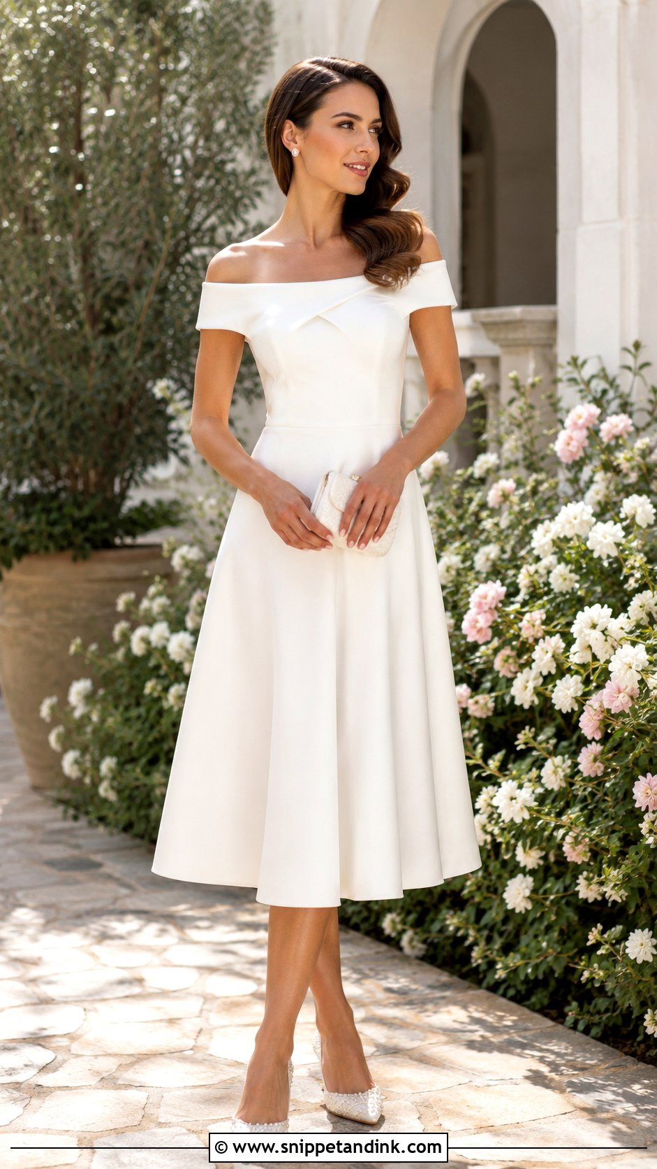 Off Shoulder Midi Bridal Dress With Pearl Shoes - Snippet and Ink - 20 Casual Bridal Dress Ideas