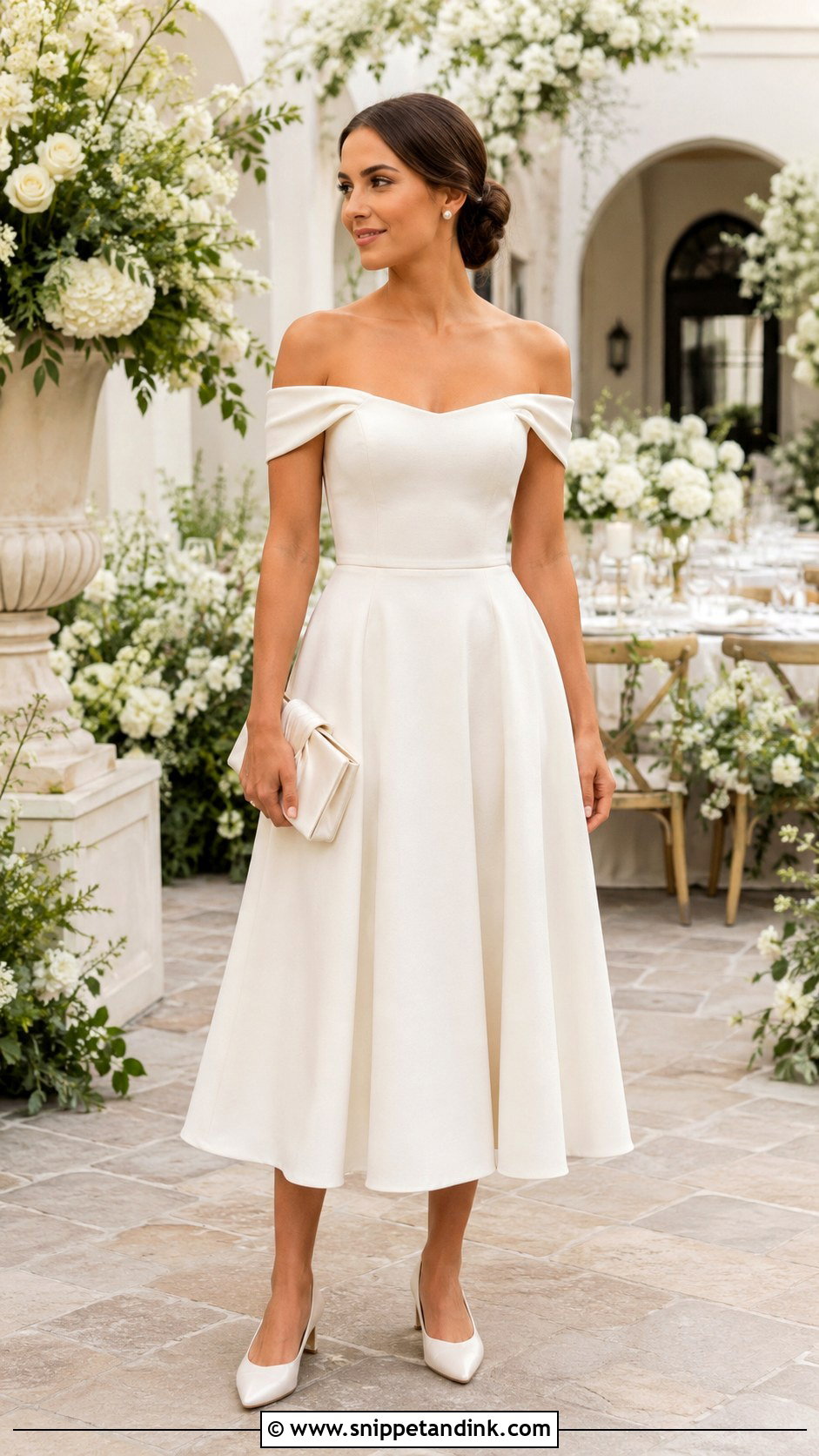 Off Shoulder Midi Brunch Wedding Dress - Snippet and Ink - 20 Brunch Wedding Dress Ideas