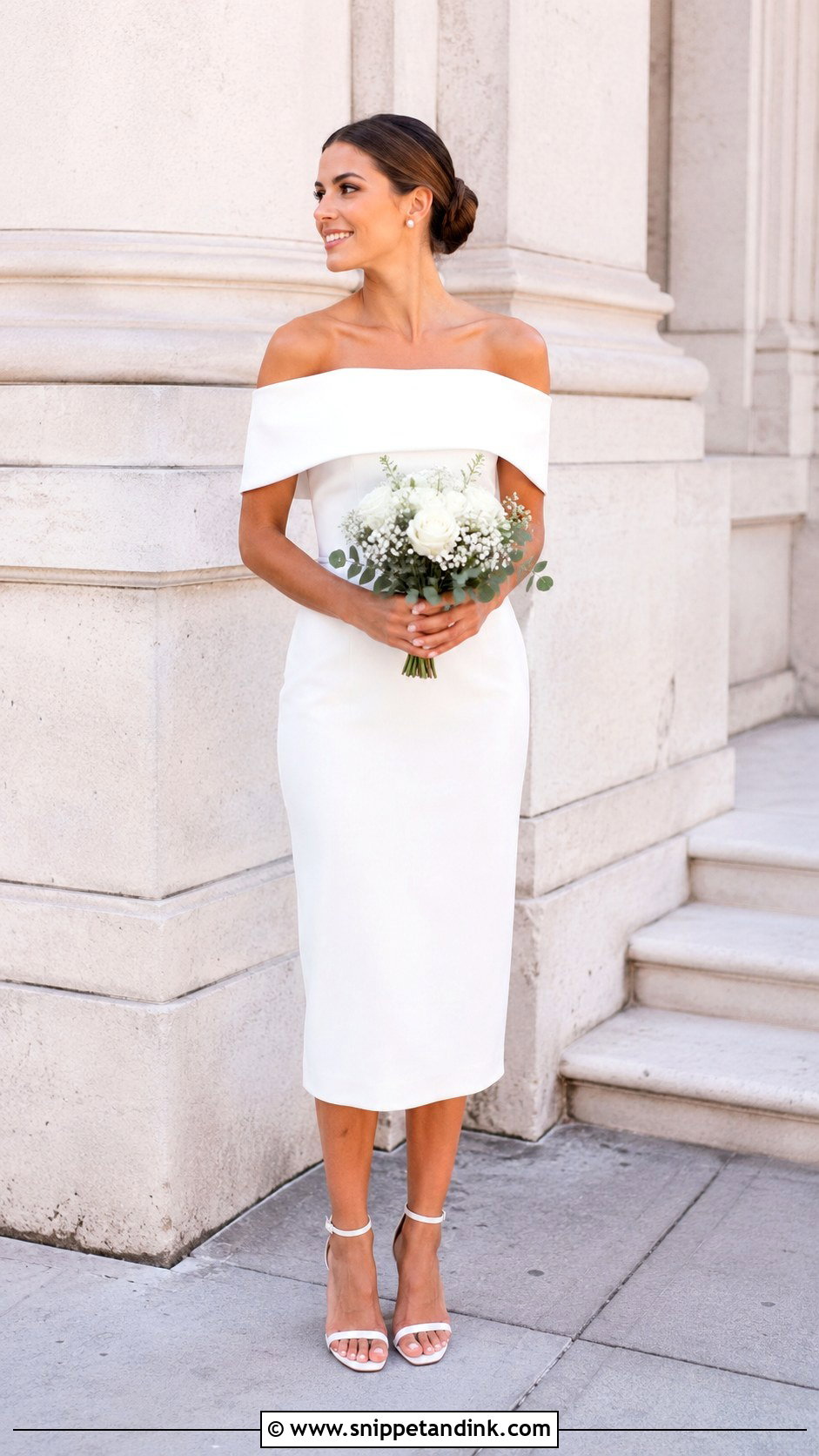 Off Shoulder Midi Civil Wedding Dress With Ankle Strap Heels - Snippet and Ink - 25 Civil Wedding Dress Simple Midi Ideas