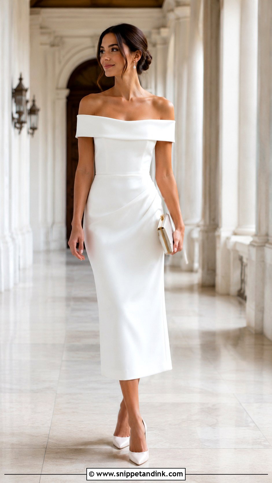 Off Shoulder Midi Court Wedding Dress - Snippet and Ink - 25 Simple Court Wedding Dress Ideas